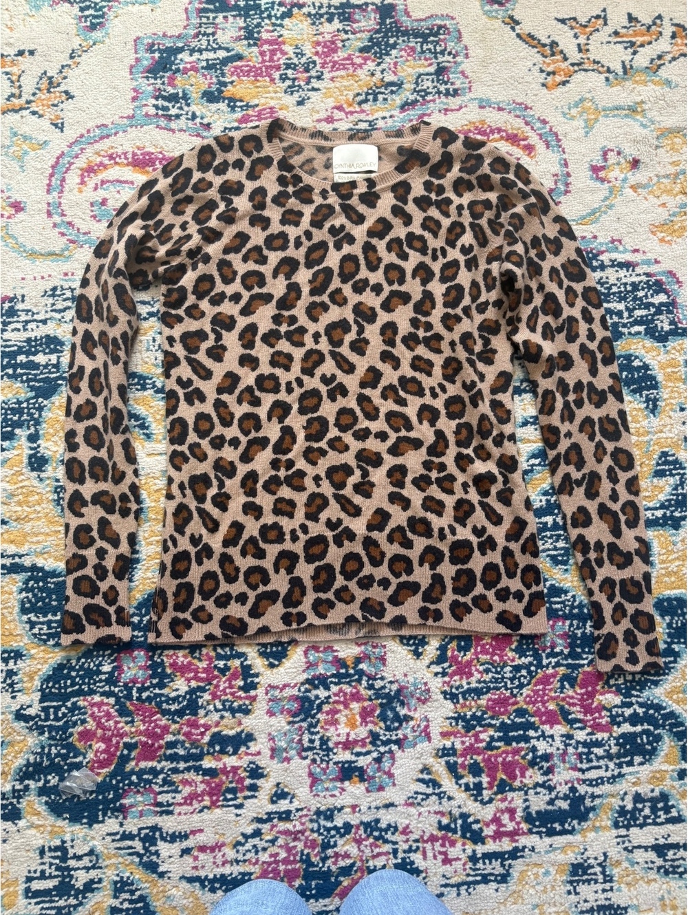 Cynthia Rowley 100% Cashmere Leopard Print Sweater XS Crewneck Animal Knit